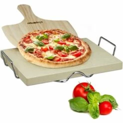 Relaxdays Pierre à Pizza 3 Cm épaisseur Pierre à Pain Rectangle Support En Métal Pelle à Pizza En Bois HxlxP: 7 X 43 X 31,5 Cm Cuisson Au Four Flammèches Spatule Pizza En Bois, Nature