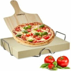 Relaxdays Pierre à Pizza Avec Support En Métal Et Pelle à Pizza En Bois Spatule Pierre à Pain HxlxP: 7 X 43 X 31,5 Cm Four Pizza Flammèches, Nature