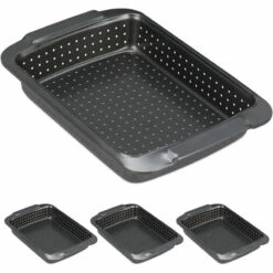 RELAXDAYS Moule Tarte Rectangulaire, Lot De 4, Perforé, Antiadhésif, Carré, Quiches, Tartes Flambées, HLP 5x32x21,5 Cm, Anthracite