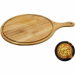 TRIOMPHE Planche à Pizza En Bambou 30 Cm,T-Audace Planche à Pizza Ronde En Bois Pour Pizzas Et Tartes Flambées, Avec Poignée Pour La Cuisson Des Pizzas, Du Pain, De La Coupe Des Fruits, Des Légumes, Du Fromage