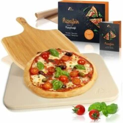 JOORRT Pierre à Pizza Pour Four à Pizza Et Gril - Avec Pelle à Pizza Bois, Papier Cuisson Réutilisable Et Livre De Recettes - Pierre Réfractaire En Cordiérite Pour Pizza à L'Italienne Croustillante