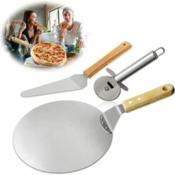 YIENJAOY AGILITY 3pcs Roulette Pizza, Pelle à Pizza, Pelle à Gâteau En Acier Inoxydable Manche En Bois , Idéal Pour Tarte, Pizza Ou Gâteau